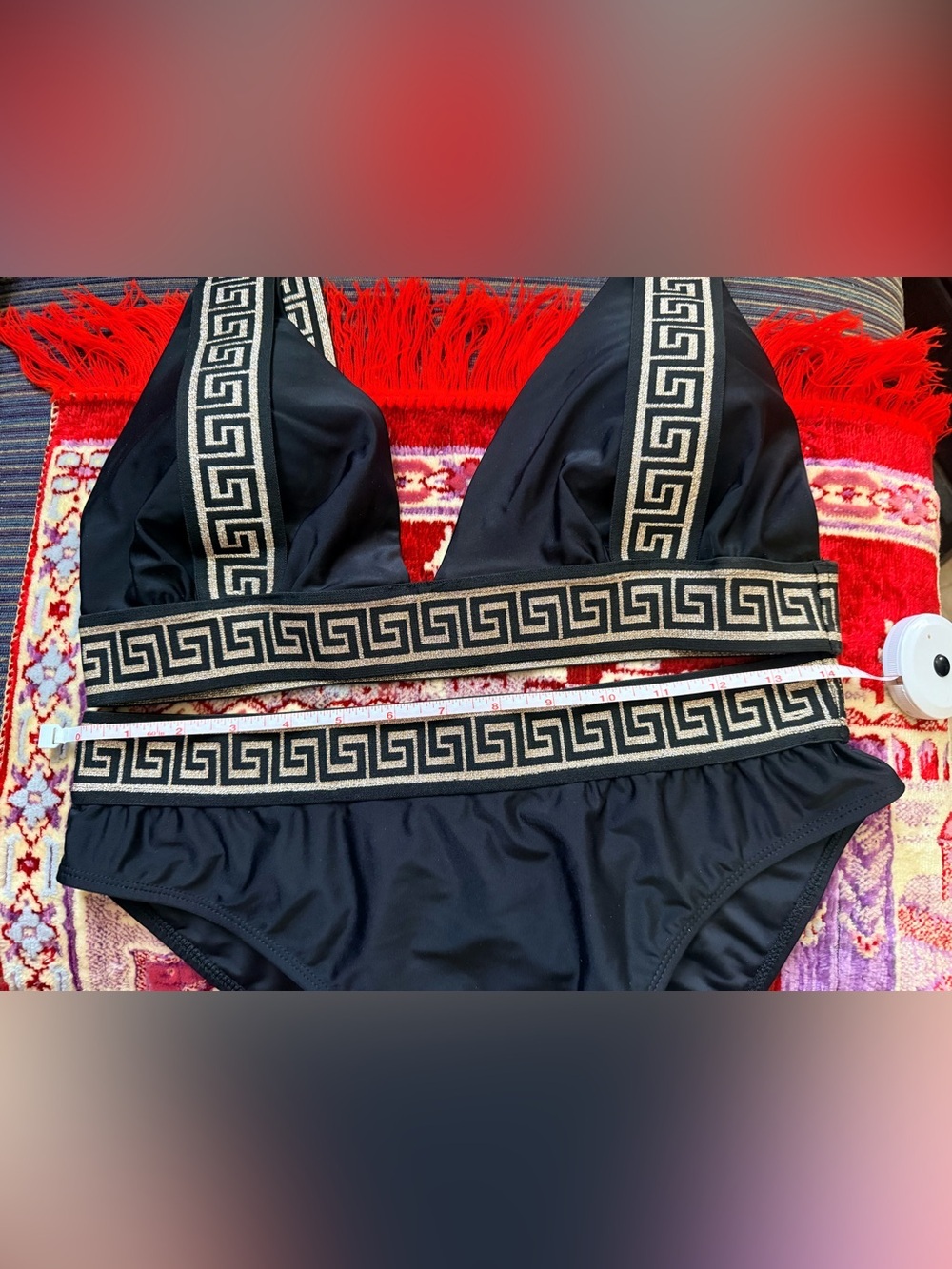 Black High-Waist Bikini with Greek Key Trim - Picture 2 of 2